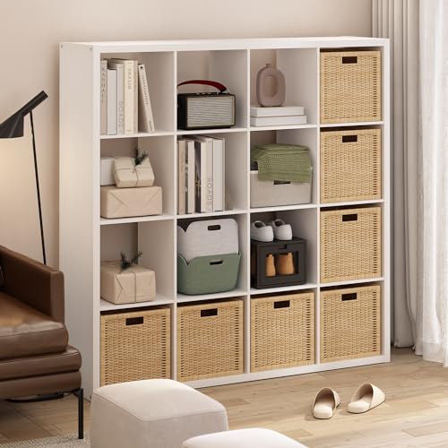 Furinno Cubicle Book Shelf 16-Cube Bookshelf Extra Thick Frame Reversible Tall Wide Bookcase with Open Back 14.6 x 57.8 x 58 for Living Room Bedroom Home Office Plain White