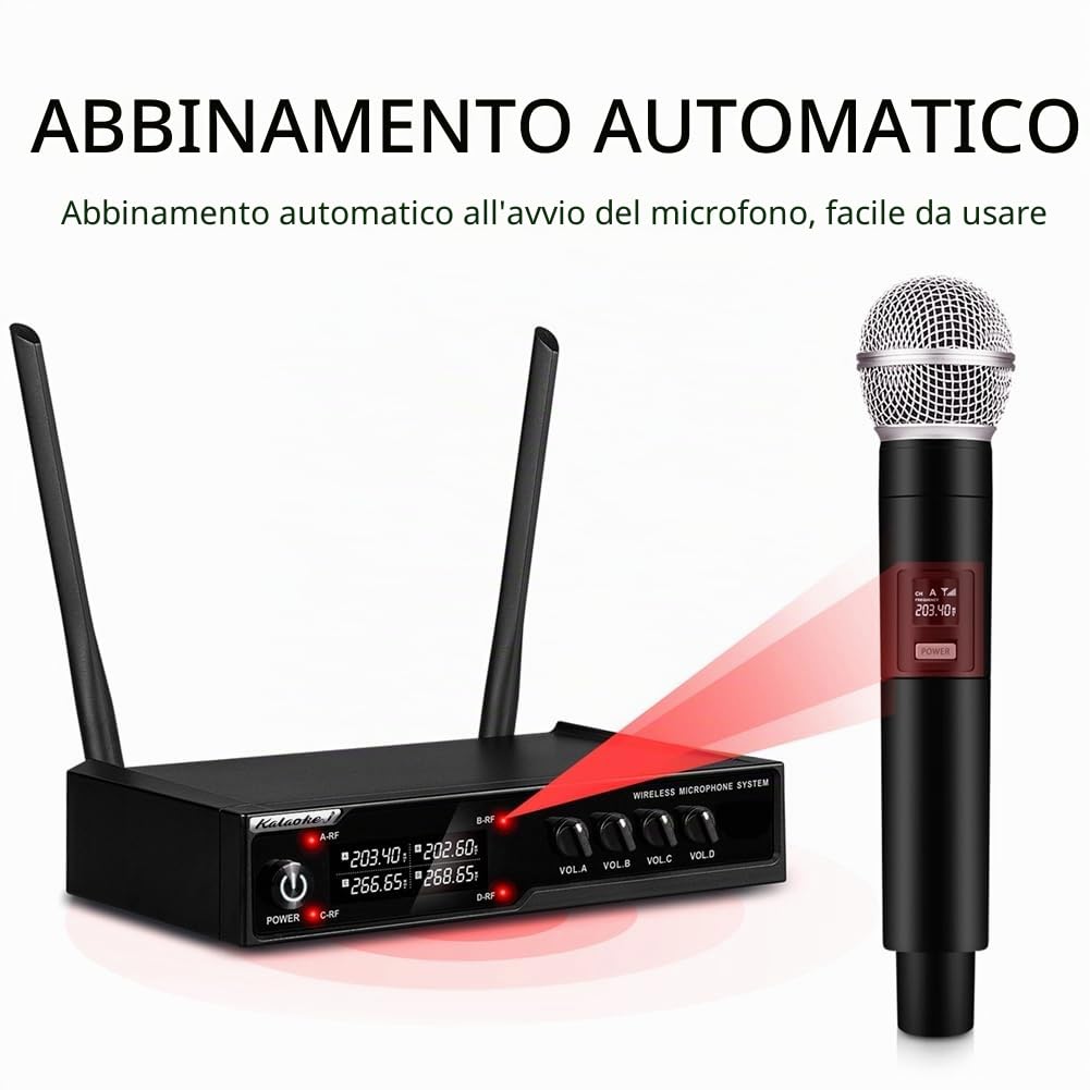 VM304 Audio Microfonico Wireless A 4 Canali Microfono Portatile Portata 80M per Karaoke Canto Set Portatile Spina UE
