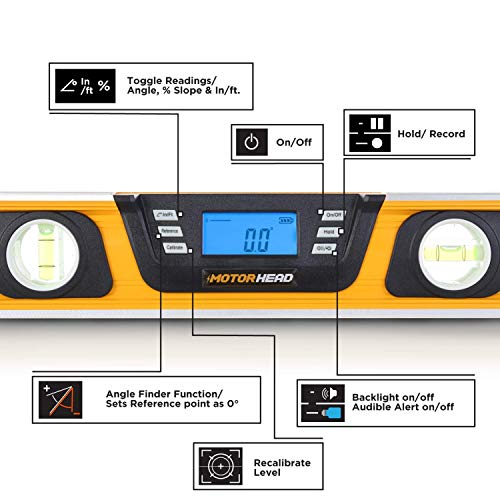 Image of MOTORHEAD 16-Inch 0 - 180 SMART DIGITAL Level, LCD Screen, Audible Alerts, Water, Dust & Shock Resistant, Magnetic Bottom, Includes Bag, High-Visibility, Solid-Milled Aluminum, USA-Based Support | Audible Alerts, Water Dust and Shock Resistant, High-Visibility, Solid-Milled Aluminum, Carrying Bag, Carpentry Masonry
