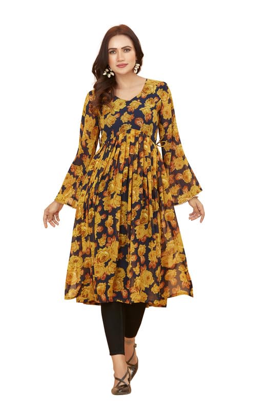 Image of ODD BY chansi TRENDZ Women's Poly Georgette Long Sleeves V-Neck Flared Kurti