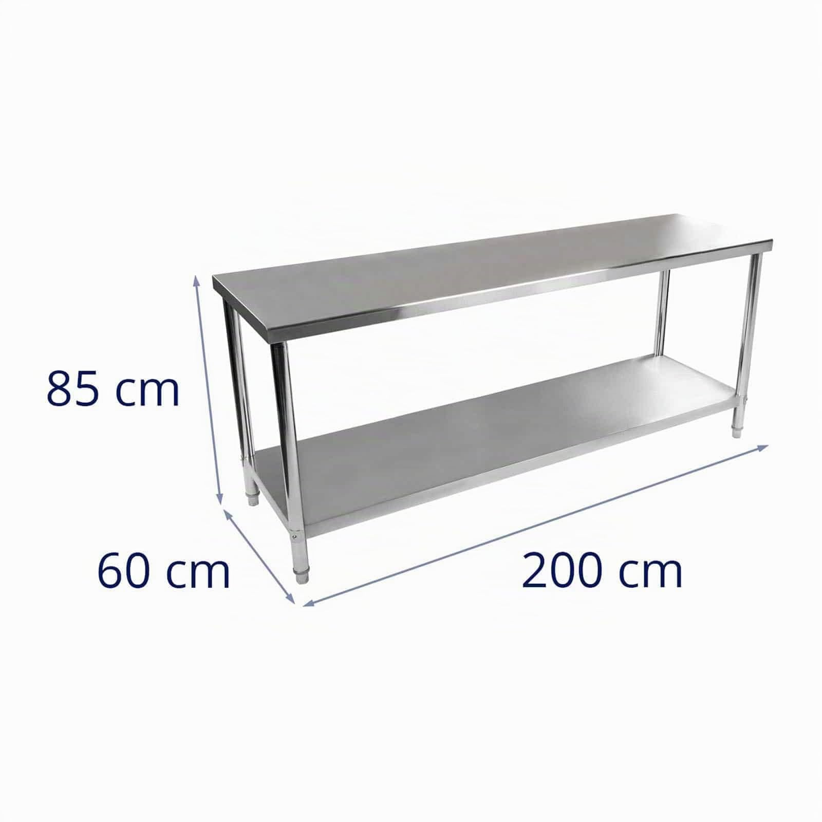 Royal Catering Mesa de Trabajo Acero Inoxidable RCAT-200/60-N (200 x 60 cm, Dos Superficies, Capacidad de encimera: 300 kg, Capacidad Total: 400 kg)