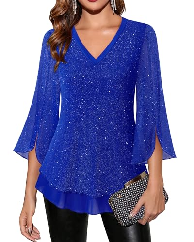 Timeson Womens Tops: 3/4 Length Sleeve Holiday Sparkly - Blouses for Women Dressy Casual - Christmas Outfits Ladies New Years Eve Fashion Tunics Tops Wear with Leggings Elegant Fall Business Attire