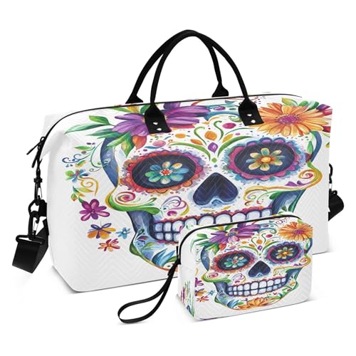 Skull with Colorful Flowers Travel Duffel Bag for Women Weekend Overnight Dag with Toiletry Bag, Luggage Bag for Travel, Sport, Gym