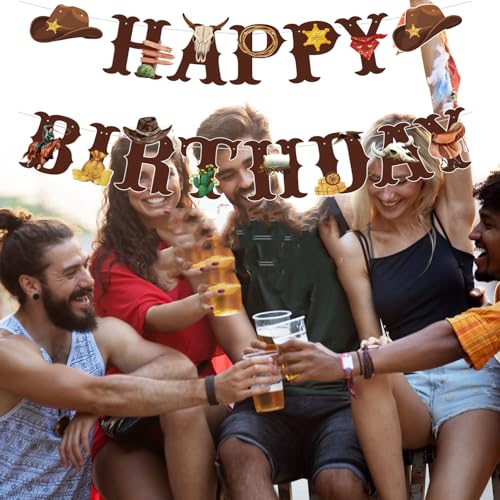 Image of Western Cowboy Theme Wild West Party Decoration,Pre-Strung Happy Birthday Banner,Retro Horse Rodeo Party Supplies for Boys,Cowboy Hat Horses Garland for Boys Birthday Party