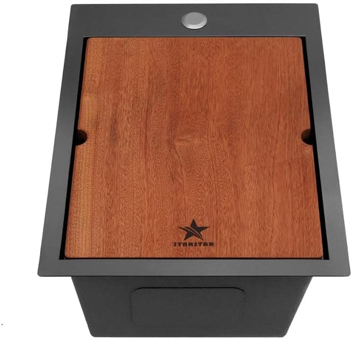 STARSTAR Workstation Ledge Topmount/Drop-in Single Bowl Black Matte Stainless Steel Kitchen/Yard/Bar/Laundry/Office Sink, With Grid, Dark Cutting Board, Strainer (15x15x9)