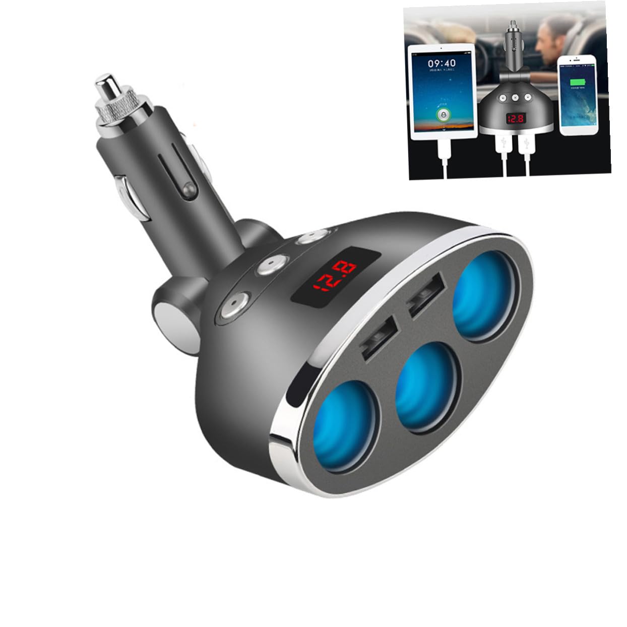 Prise Allume-Cigare de Voiture 1 vers 3, Plastique Noir 120w