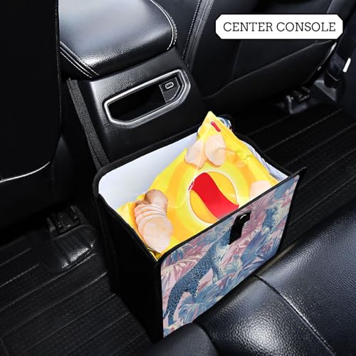 Image of Car Trash Can Organizer Bin with Adjustable Strap for Back Front Seat Console Waterproof Leakproof Collapsible Portable 11 Inch Cute Cheetah and Palm Leaves