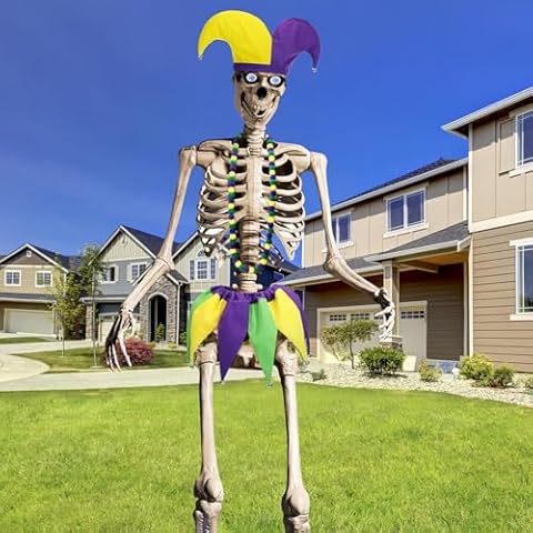 Mepase 3 Set Carnival 12 ft Skeleton Costume Accessories Including Padded Mardi Gras Hat Mardi Gras Scarf and Mardi Gras Necklace for 12 ft Skeleton Accessories Carnival Costume Garden Lawn Outdoor Cover