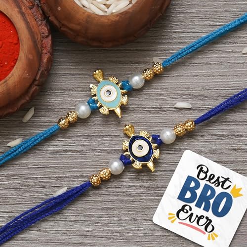 Image of eCraftIndia Set of 2 Good Luck Evil Eye Designer Rakhis, Best Bro Ever Fridge Magnet with Roli Chawal Pack - Rakhis for Brothers