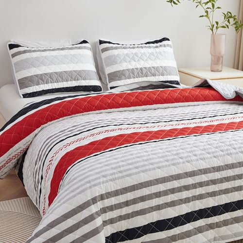 Bedmoon Quilt King Black & Red Striped, Lightweight Reversible Quilt Bedding Set, 3 Pieces Soft Bedspread, All Seasons Microfiber Coverlet King Size
