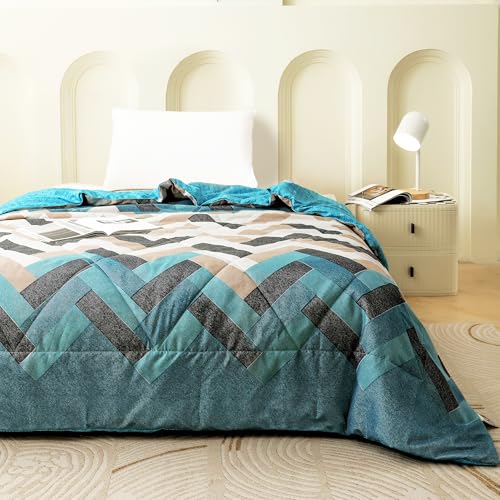 Image of Ac Comforter Single Bed Boho with Satin Finish 240 GSM - Reversible AC Comforter -Cyan Blue & White, Geometric Comforter Quilt Duvet Dohar Blanket for Summer 150 X 225 cm