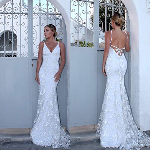 Vestido feminino de noiva com alças finas, costas nuas, estilo sereia, renda para casamento, Branco,