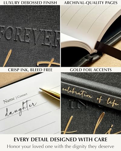 Image of Funeral Guest Book Memorial Service - Celebration of Life Sign in Condolences Registry with Golden Pen | Elegant In Loving Memory Remembrance | Premium Hardcover 9 x 7 Inches, Table Sign & Back Pocket