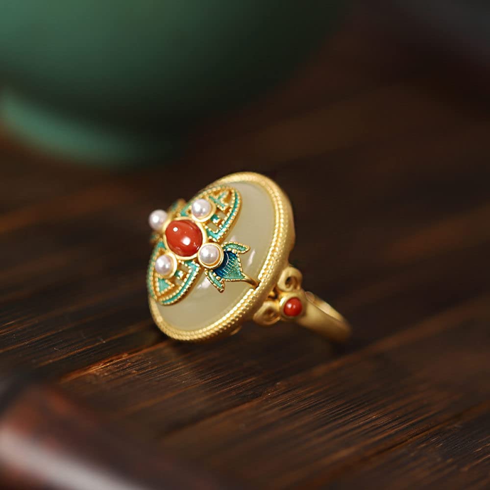 Anello Regolabile,Anello Regolabile per Donna Giada Hetian Ovale in Argento Sterling 925 Perle Impreziosite Agata retrò Placcato Oro Anelli Nocche in Pietra Naturale Matrimonio Gioielli per L'Etern