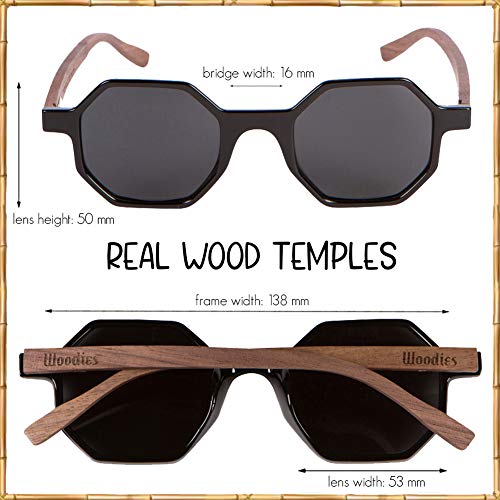 Woodies Polarized Walnut Wood Black Hexagon Sunglasses for Men and Women | Real Wooden Frame | 100% UVA/UVB Ray Protection2