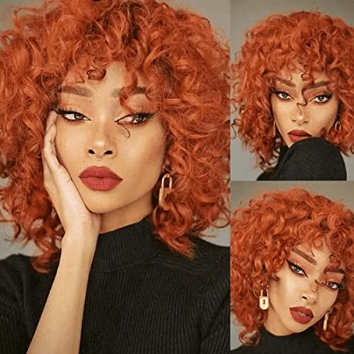 Beauty Forever Colored Ginger Orange Glueless Short Pix Cut Bob Wigs Bouncy Curls with Bangs,10A Grade Affordable Short Curly Hair Wigs Fluffy Curls Human Hair Machine Made Wig 10Inch