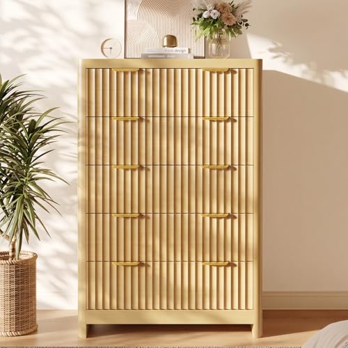 Image of Natural Oak Dresser with 5 Deep Drawers, 47 inch Tall Fluted Chest of Drawers, Round Edge, Modern Vertical Dresser, Wooden Storage Organizer Cabinet for Bedroom, Living Room, Entryway, Hallway