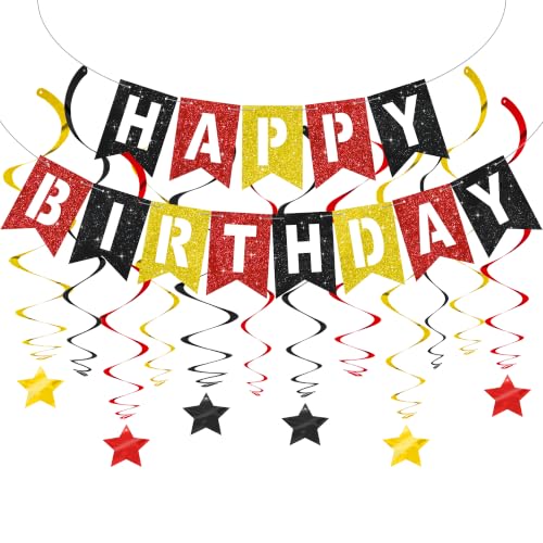Image of BEISHIDA Red Black Gold Happy Birthday Banner for Kids Cartoon Birthday Decor