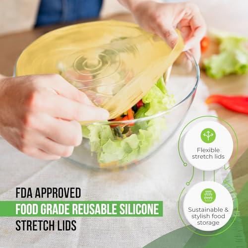 Image of Reusable Silicone Stretch Lids for Food Storage in Fridge - Elastic Heat-Resistant Bowl Covers, Cups, Cans, Jars - Universal Food Grade Lid for Round and Rectangle Containers - 7 Pack - Multicolor