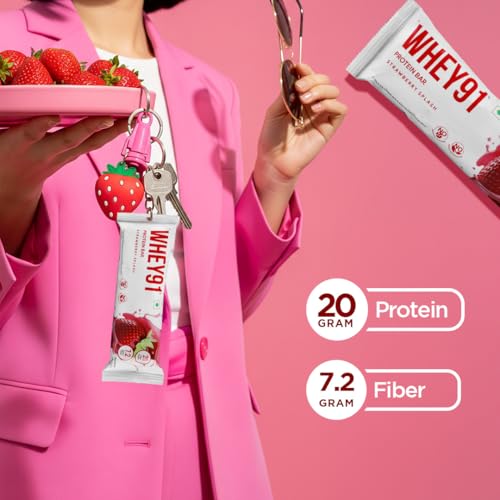 Image of Whey91 Strawberry Splash Protein Bar, 20g Protein & 7.2g Fiber in each, No Added Preservatives, No Artificial Flavour, 390g- (Pack of 18)