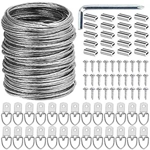 Picture Hanging Kit, D Ring Picture Hangers with Screws, Picture Hanging Wire(100 Feet) and Aluminum Sleeves, Supports up to 30 lb, Included Screwdriver