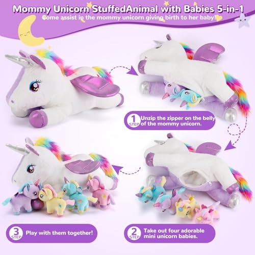 Image of 5 Pieces Unicorn Stuffed Animals - 1 Mommy Stuffed Unicorn with 4 Babies - Unicorns Gifts for Girls Ages 3 4 5 6 7 8, Unicorns Plush Toys for Christmas, Valentine's, Birthday Gifts (Purple)