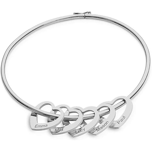 MyNameNecklace Chelsea Bangle Bracelet with Heart Pendants - Sterling Silver or 18K Gold Plated - Up to 12 Names