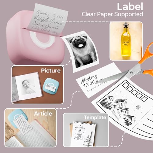 Image of Cabaro Mini Printer Sticker Thermal Printer with 3 Rolls Paper, Bluetooth Portable Phone Print Pods,Study Sticker Maker for Pictures, Photos, Journals, DIY, Compatible with Phone & Tablet