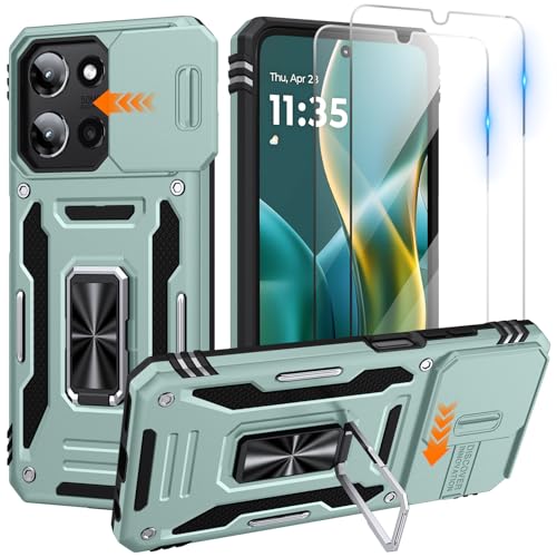 for Moto G 2025 Case/Moto G 2026 Case/Moto G Play 2026 Case with 2 x Screen Protector, Slide Camera Cover Military Grade Protection Magnetic Ring Holder Kickstand, Heavy Duty Shockproof, Light Green
