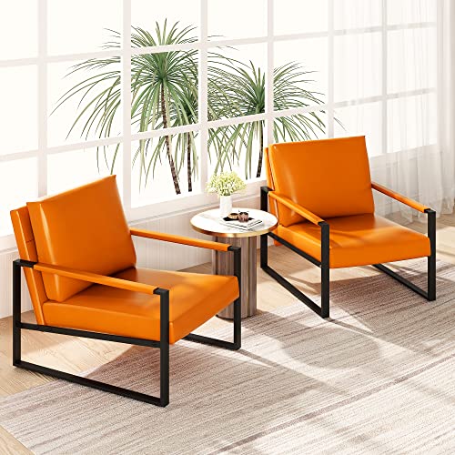 Awqm Leather Accent Chair Set Of 2 Sofa Chair With Extra-Thick Padded Backrest And Seat Cushion Single Sofa For Living Room Bedroom, Black Metal Frame, 105 Degree Slant Back, Orange #TOP2