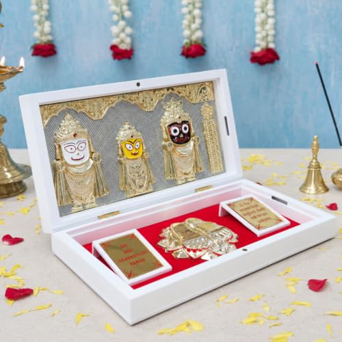 Image of ARNAVIRA Lord Jagannath Balabhadra Subhadra Gold Plated Photo Frame with Charan Paduka Pocket Temple for Diwali Gift, House Warming Gifts, Return Gift Puja Box (White Gold, Jai Jagannath)