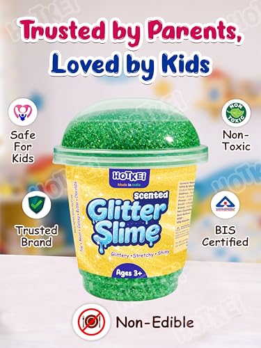 Image of HOTKEI Green Glitter Slime for Kids 3+ Years Super Stretchy Soft and Smooth Shiny Non-Toxic Sparkle Fun Slime Toy Birthday and Return Gift for Boys and Girls