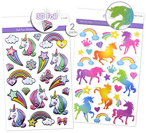 2 Different Packs Shiny Glitter Sparkle Unicorn Stickers & Puffy Unicorn Stickers with Foil Accents, Unicorn Scrapbook Stickers, Unicorn Craft Stickers, Embellishments 3D Dimensional, Pop-up