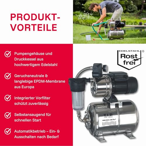 T.I.P. Hauswasserwerk HWW INOX 1300 Plus F – Edelstahl Druckkessel, 1200W, selbstansaugende...