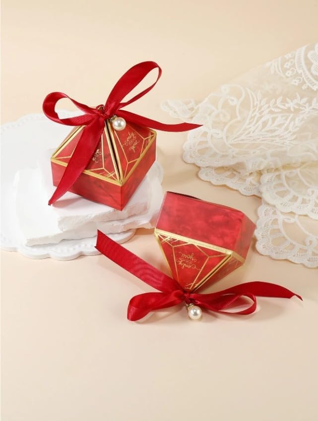 SATYAM KRAFT Pack of 40 Small Diamond Shape Folding Gift Boxes for Gifting | Empty Hamper Boxes for Wedding Return Gift, Party favours, Birthday | Chocolate & Dry Fruit Packaging (Red, With Ribbon) 4