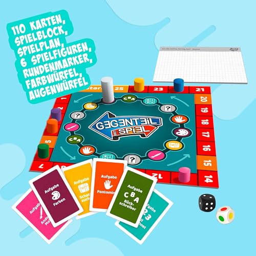 Noris 606062080 - Gegenteil Spiel (Brettspiel ab 10 Jahre) - kombinierbar mit dem Kartenspiel - verrücktes Konzentrationsspiel für Kinder und Erwachsene für 3-6 Spieler