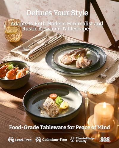 Image of Famiware Milkyway Stoneware Dinnerware Set, 24-Piece, Double Reactive Glaze, Plates and Bowls, Service for 8, Microwave and Dishwasher Safe, Scratch-Resistant, Greenish Brown