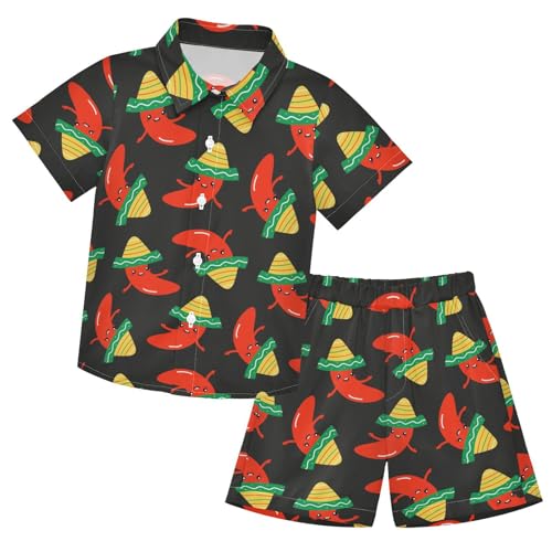 Image of Sunflower Floral Yellow Black Short Sleeve Hawaiian Button Down Shirts and Short Sets for Boys Toddler Summer Outfits
