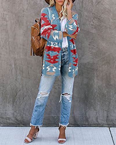 Image of FERBIA Women Boho Cardigan Aztec Open Front Loose Slouchy Sweaters Tribal Long Sleeve Knitted Christmas Jacket Coat