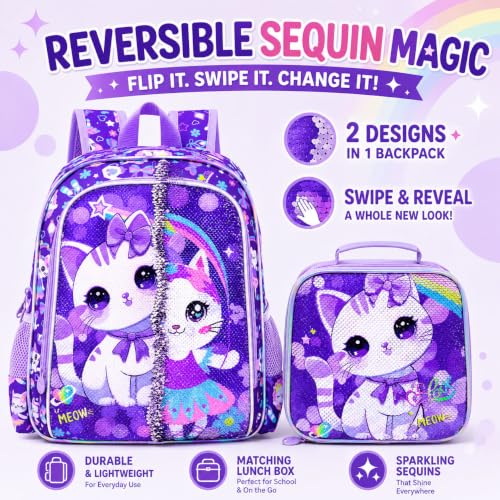 Image of CCJPX 16 inch Cat Backpack for Girls, 3Pcs Kids Preschool Bookbag, Cute Water Sequin Resistant School Bag for Teen Kindergarten Toddler (Purple)