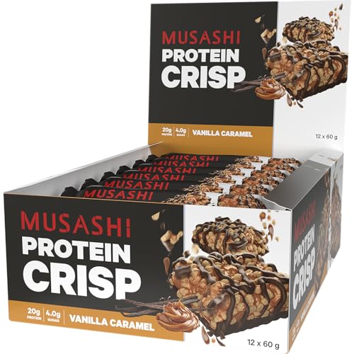 MUSASHI Protein Crisp Bar, 20g Protein, Vanilla Caramel, Post Workout and Snack, 12 x 60g Bars
