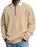 QOSOQ Men's Quarter Zipper Polo Shirts Long Sleeve T-Shirts Collared Casual Pullover Outdoor Waffle Sweatshirts Khaki