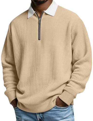QOSOQ Men's Quarter Zipper Polo Shirts Long Sleeve T-Shirts Collared Casual Pullover Outdoor Waffle Sweatshirts Khaki