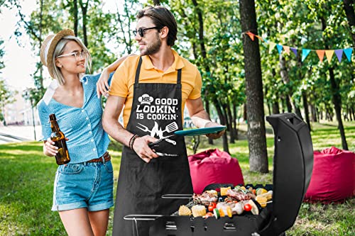 Vagavy - Mr Good Lookin Is Cookin Men Apron With Pockets - Bottle Opener And Gift Box Included - Black Funny Aprons For Men, Dad, Husband - Birthday, Father’s Day Grilling Gifts For Papa, Husband #TOP7