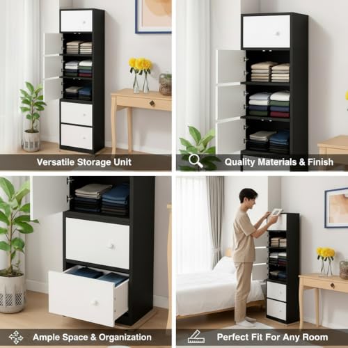 Image of EXVITO Engineered Wood Wardrobe for Bedroom | Foldable 6-Shelf Wooden Storage Cabinet | Cupboard Almirah for Clothes | Collapsible Wardrobe | Space Saving Wooden Cabinet - Black