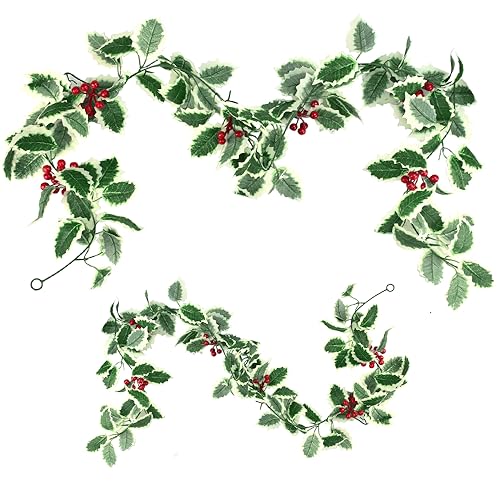 OKUYAN 2PCS Christmas Garland Artificial Holly Leaves And Berries Garland Xmas Berry Garland Red Berries Hanging Vine with Holly Leaves Winter Garland for Home Party Indoor Outdoor Decor(5.58ft/pc)