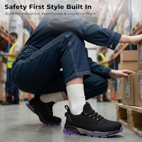 Image of SPIEZ Safety Shoes for Women, Composite Toe Work Shoes with Air Cushioned Comfort, Lightweight Puncture Proof Safety Sneakers for Work and Daily Wear, Black Pink /Purple US4.5-10