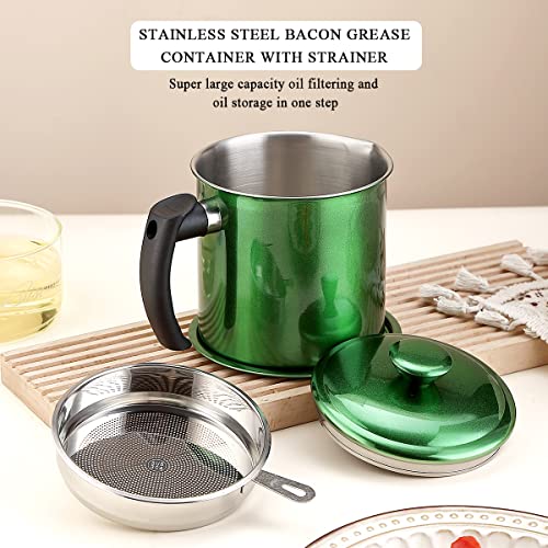 Image of Kyraton Bacon Grease Container with Strainer, 1.4L Metal Green Coating Stainless Steel Oil Container, Pot Fat Storage with Lid, Easy Grip Handle Suitable for Storing Frying Oil and Cooking Grease