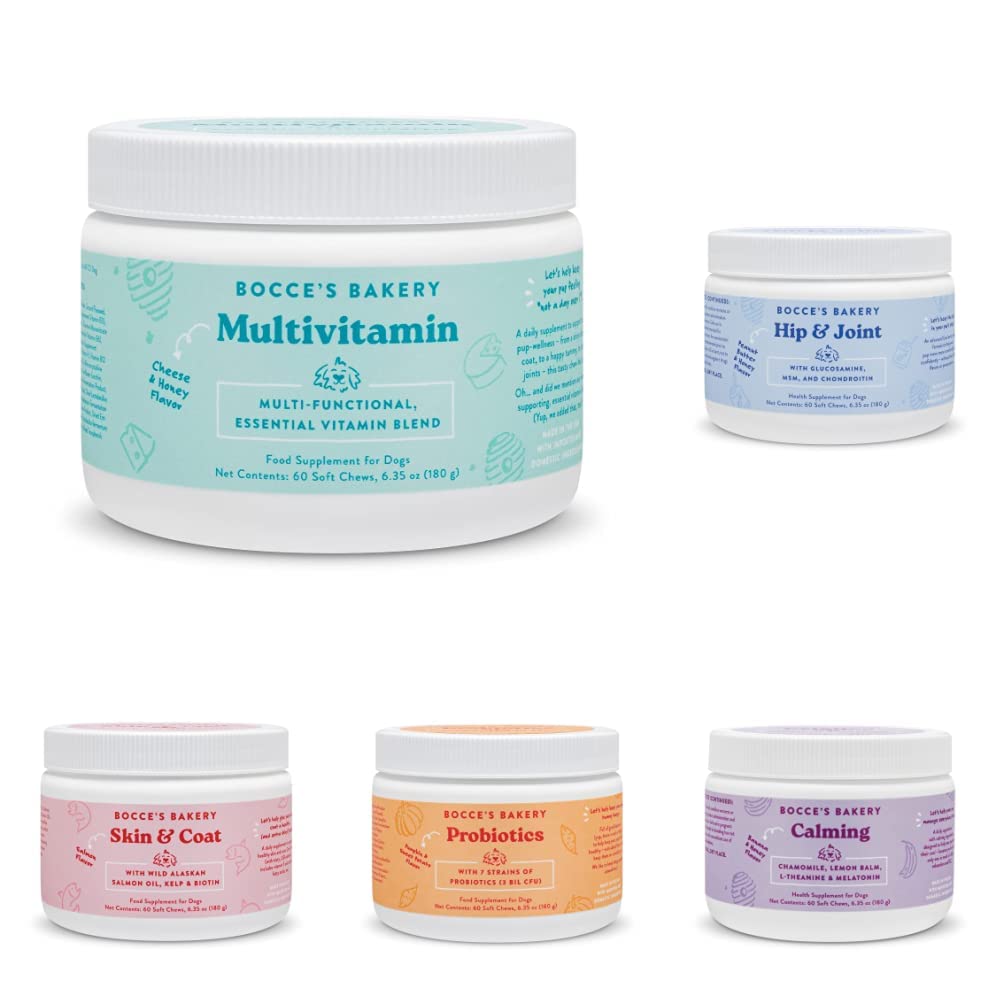 Bocce's BakeryPup Supplement Bundle for Dogs, Daily Chews Made in The USA, Includes Multivitamin, Skin & Coat, Calming, Hip & Joint & Probiotic, 60 ct Each