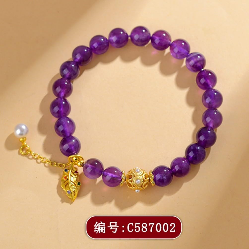 DorkTees (C587紫水晶珍珠叶子手链) 天然梦幻紫水晶珍珠叶子 Fengshui Jade Bracelet Lucky Charm 手链浪漫时尚原创手串送闺蜜礼物饰品
